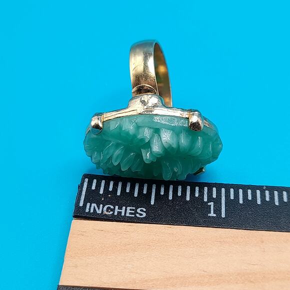 Vintage Faux Jade Flower Carved Ring Adjustable, US Size 8, Gold Tone - Picture 8 of 14